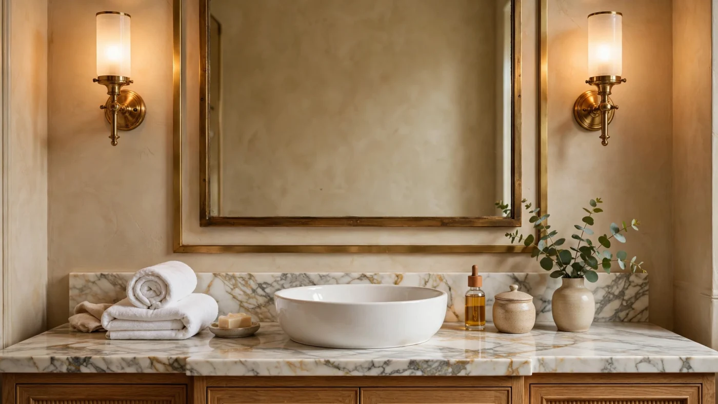 Luxury bathroom vanity with brass sconces and marble countertop showing warm vanity lighting