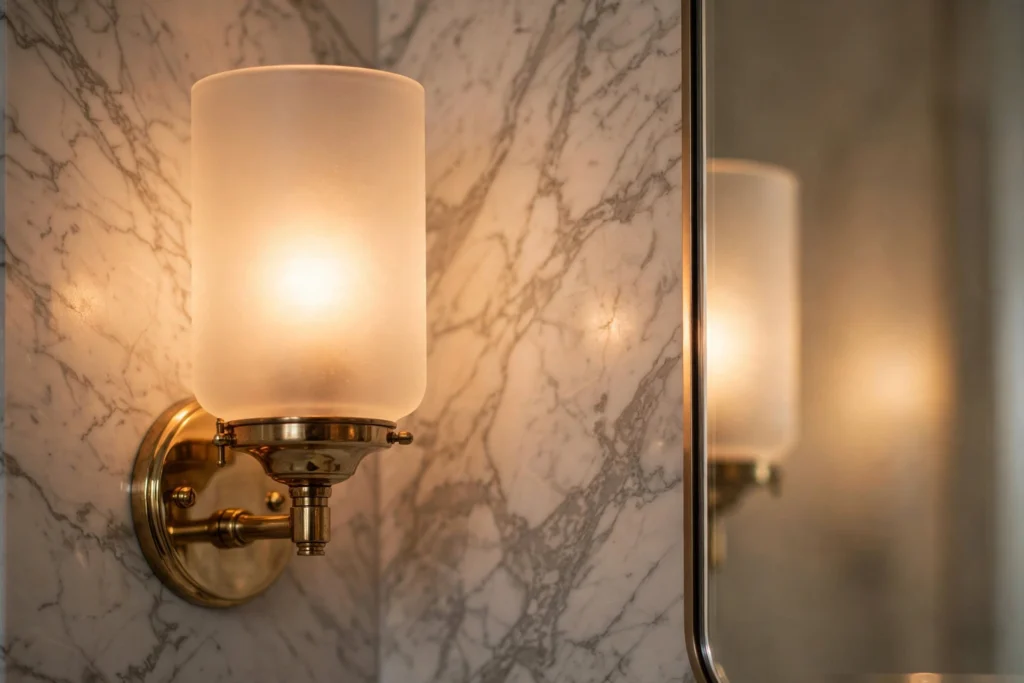 Frosted glass vanity sconce glowing warm beside a bathroom mirror, set to ideal bathroom vanity lighting lumens