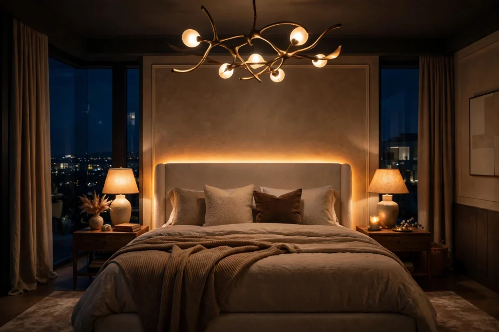 Bedroom lighting lumens layered across bedside lamps and ceiling fixtures in a luxurious bedroom at night
