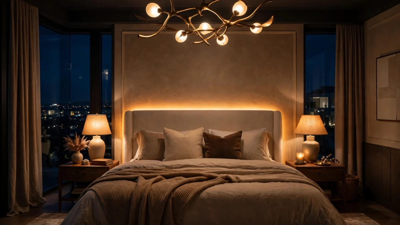 Bedroom lighting lumens layered across bedside lamps and ceiling fixtures in a luxurious bedroom at night