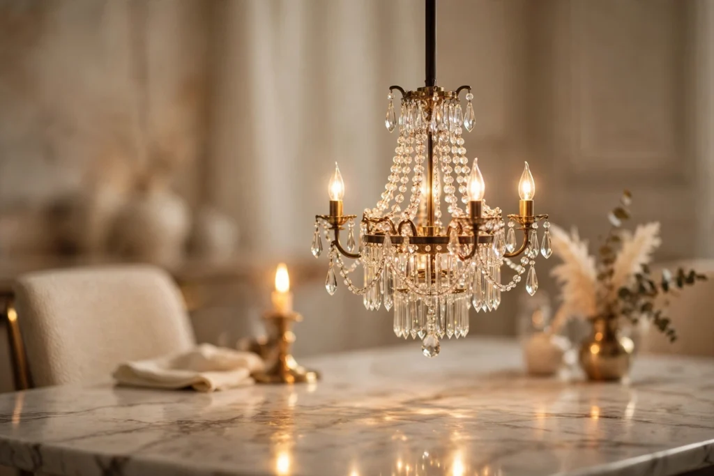 Close view of a chandelier hanging above a dining table showing ideal hanging height