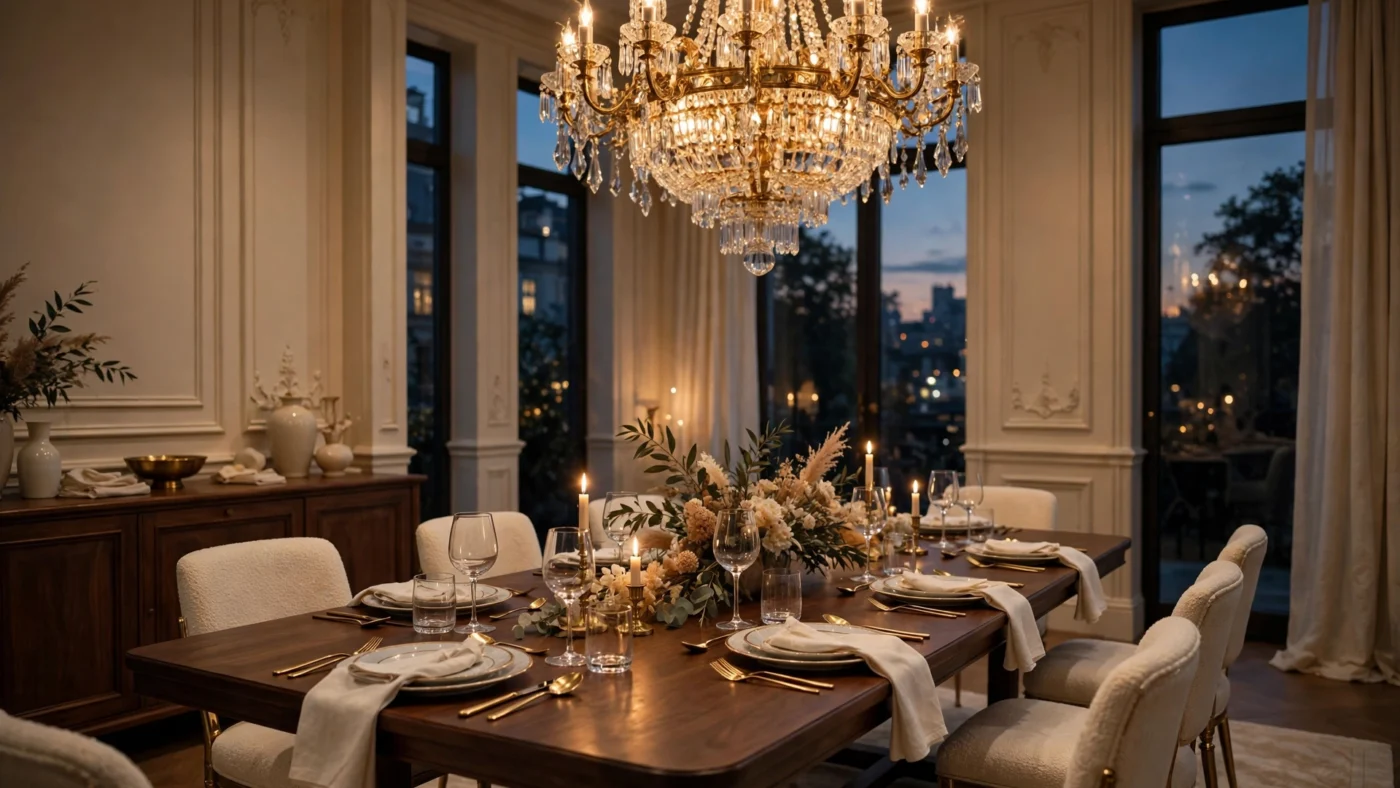 Crystal chandelier hanging at the correct height above a luxury dining room table