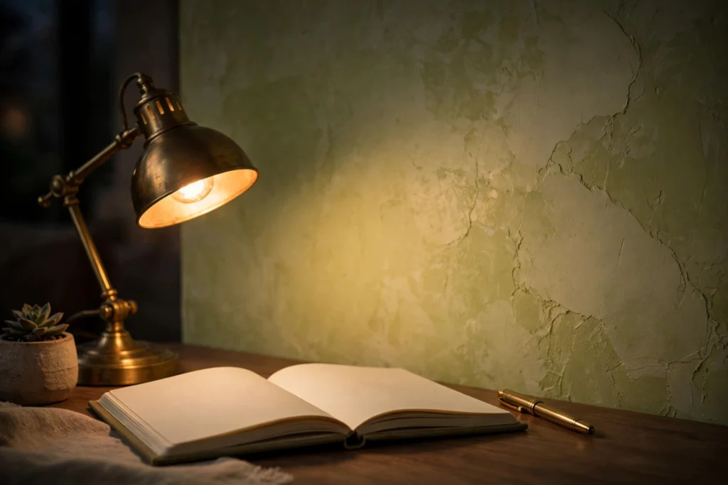 Adjustable brass desk lamp providing task lighting on a home office desk