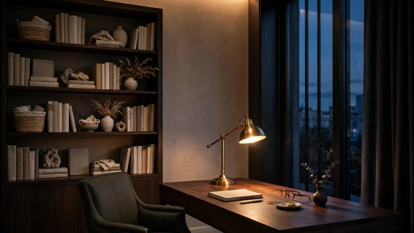 Home office lighting design with brass desk lamp and warm cove lighting