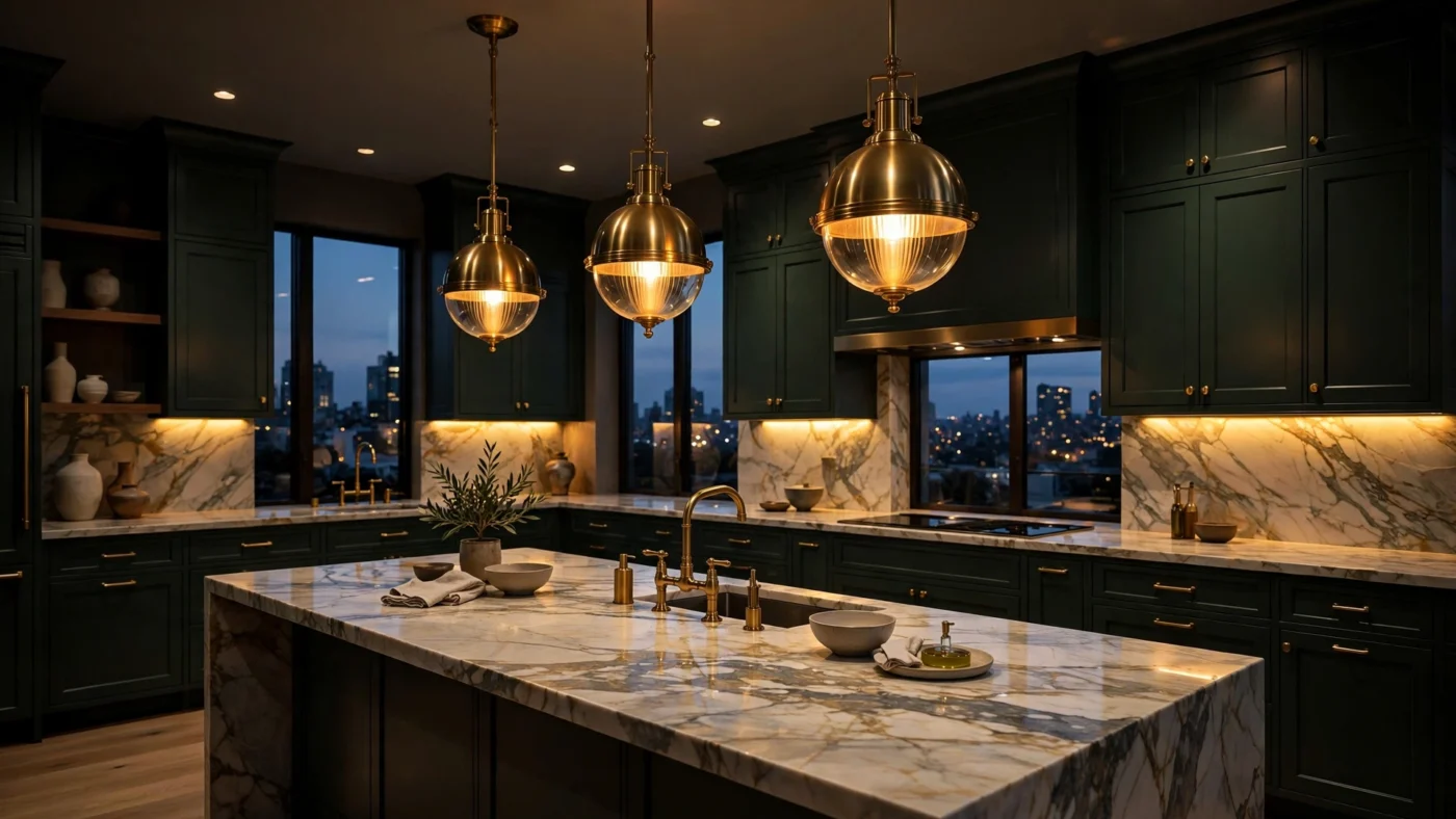 Kitchen lighting lumens: luxury modern kitchen at dusk with layered lighting, under-cabinet LED strips, brass island pendants and recessed ceiling lights