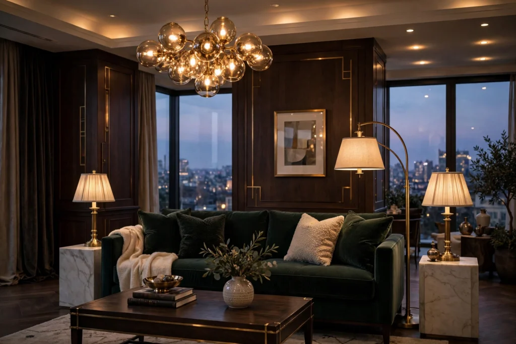 Living room lighting lumens: luxury living room with layered lighting from chandelier, floor lamp, table lamps and recessed ceiling lights