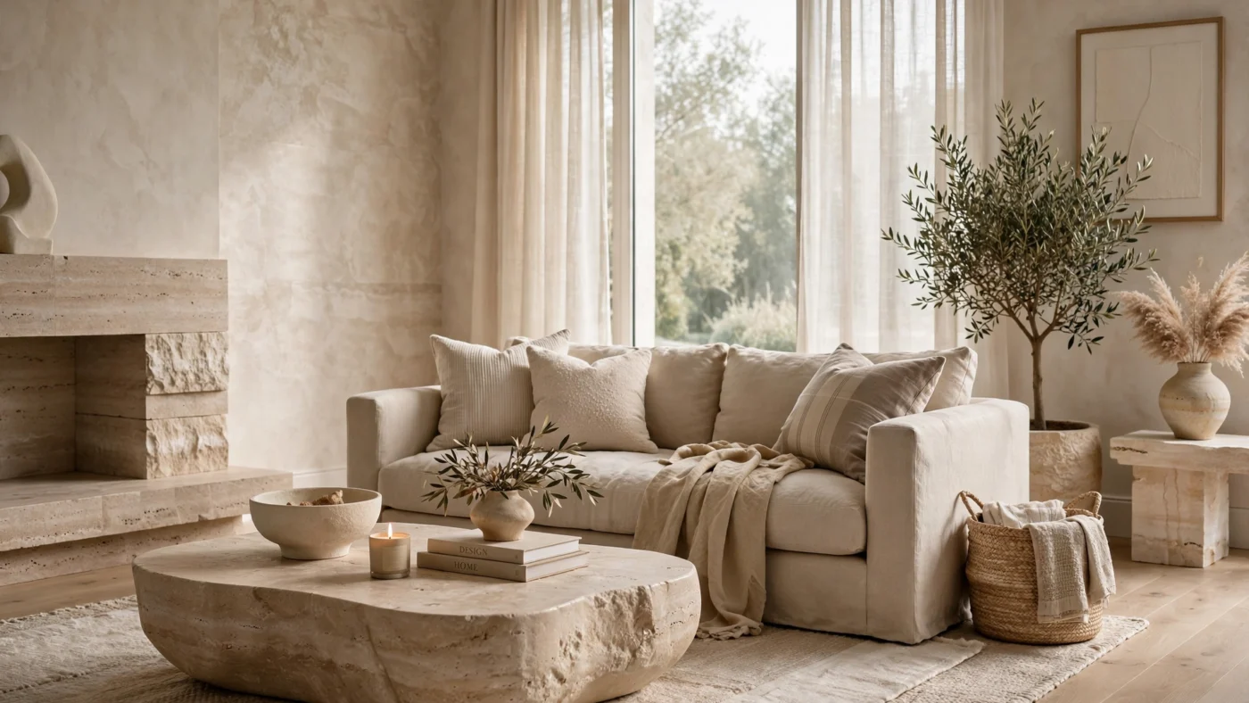 Sophisticated neutral interior with layered textures and calm tones.