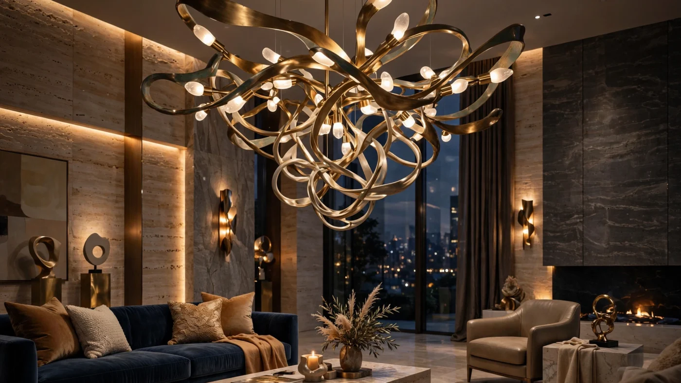 Luxurious interior lighting with elegant fixtures and warm glow.
