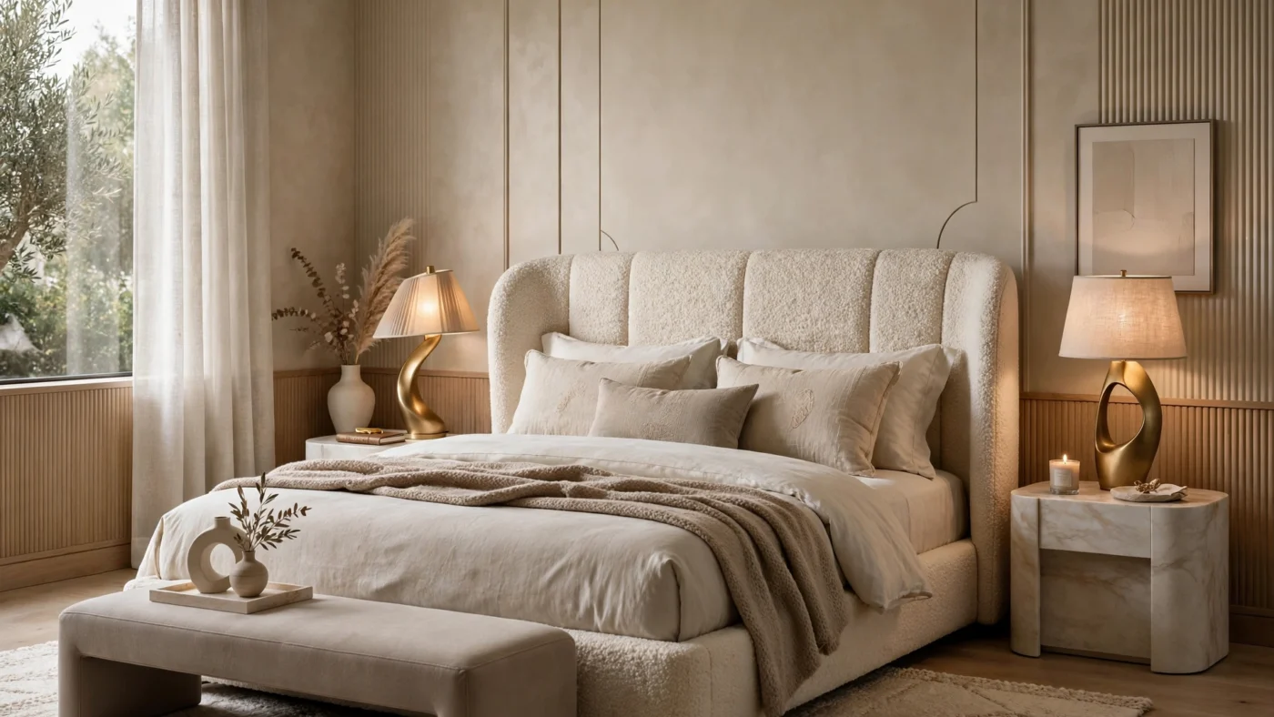 Modern luxury bedroom with plush bedding and refined decor.