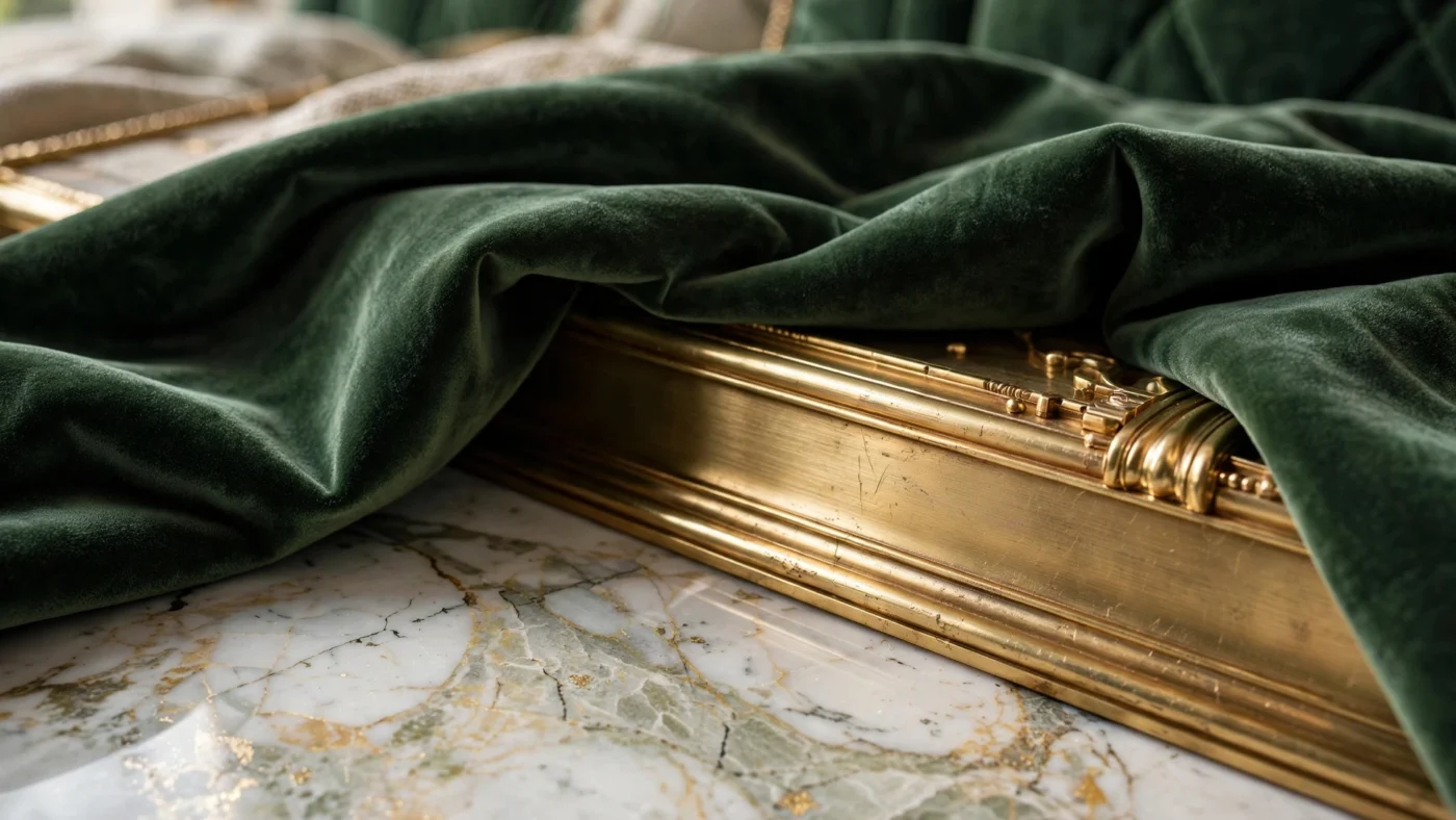 Rich luxurious materials like marble and velvet elevating a room.
