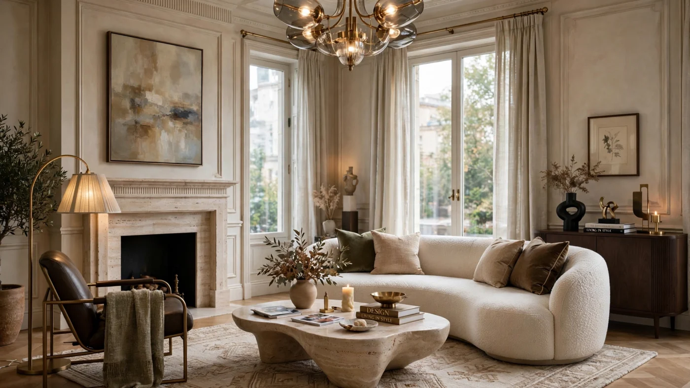 Designer-inspired living space with curated furniture and art.