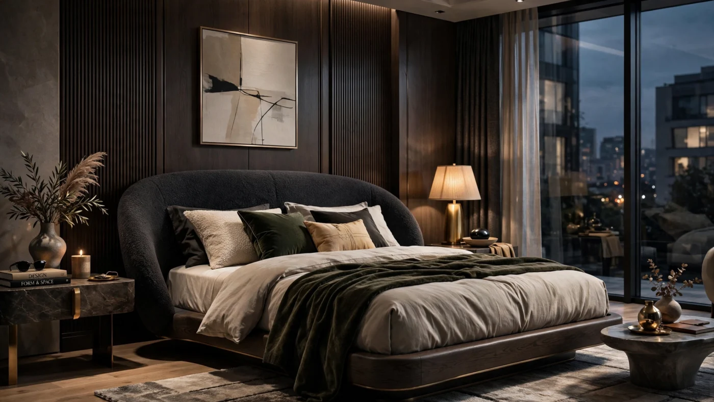 Luxury bedroom design with modern furnishings and serene tones.