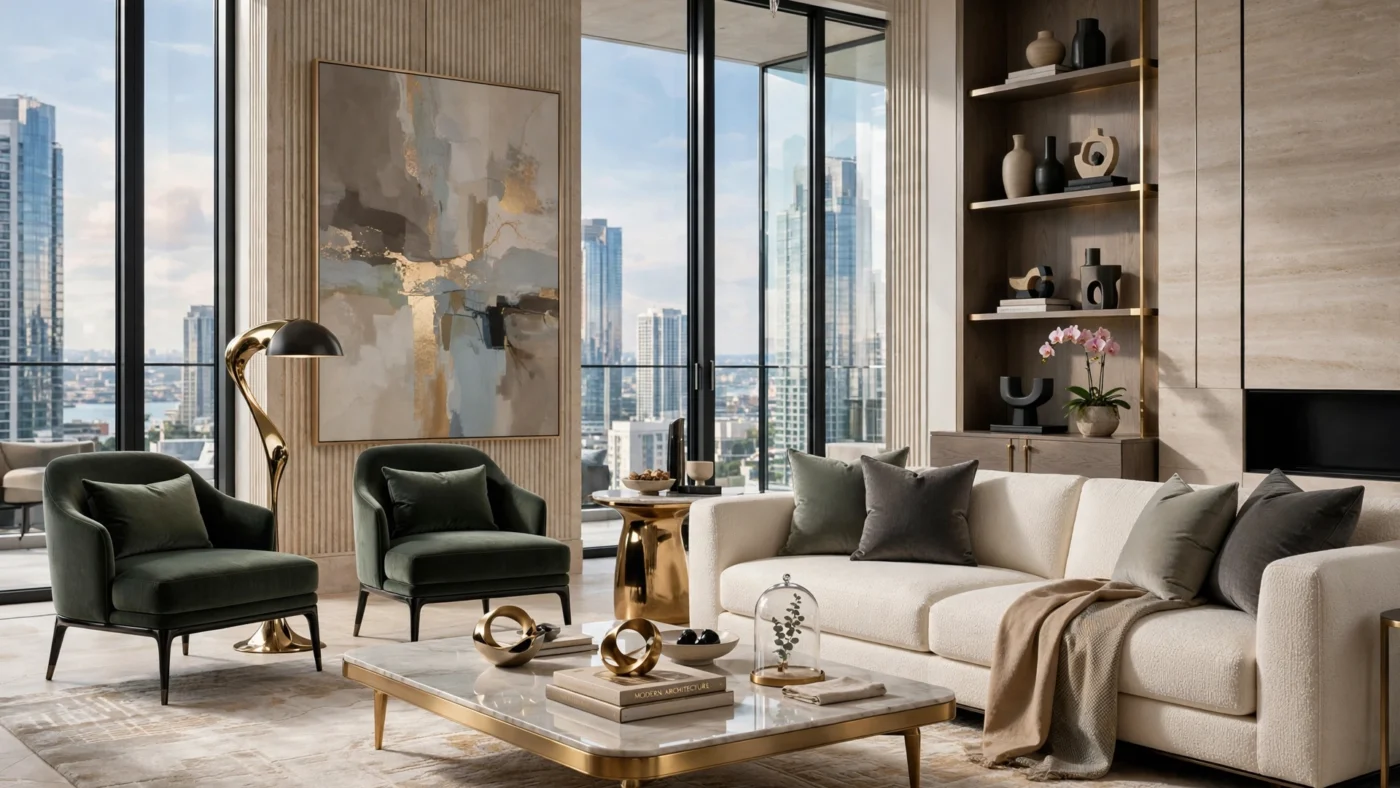 Modern luxury living room with sleek furniture and refined decor.