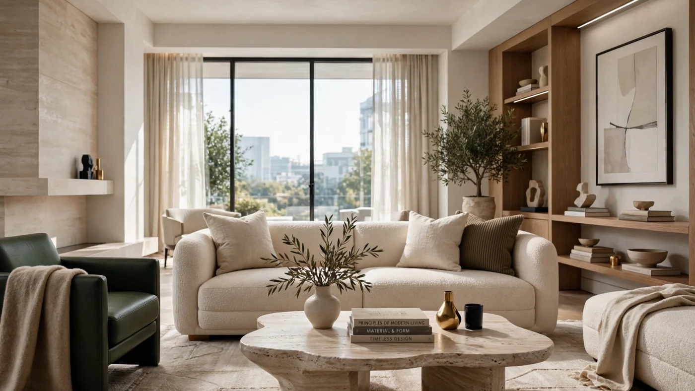 Modern designer living room embodying timeless design principles.