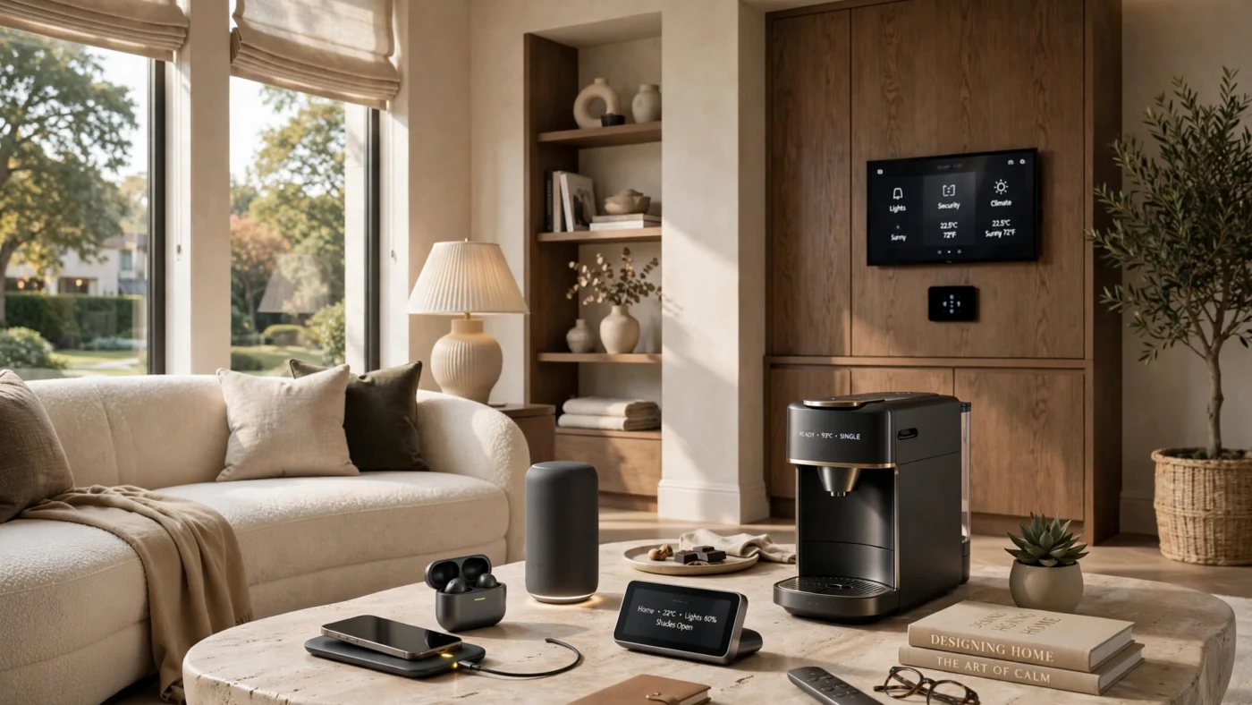 Sleek gadgets adding convenience with style to a modern home.