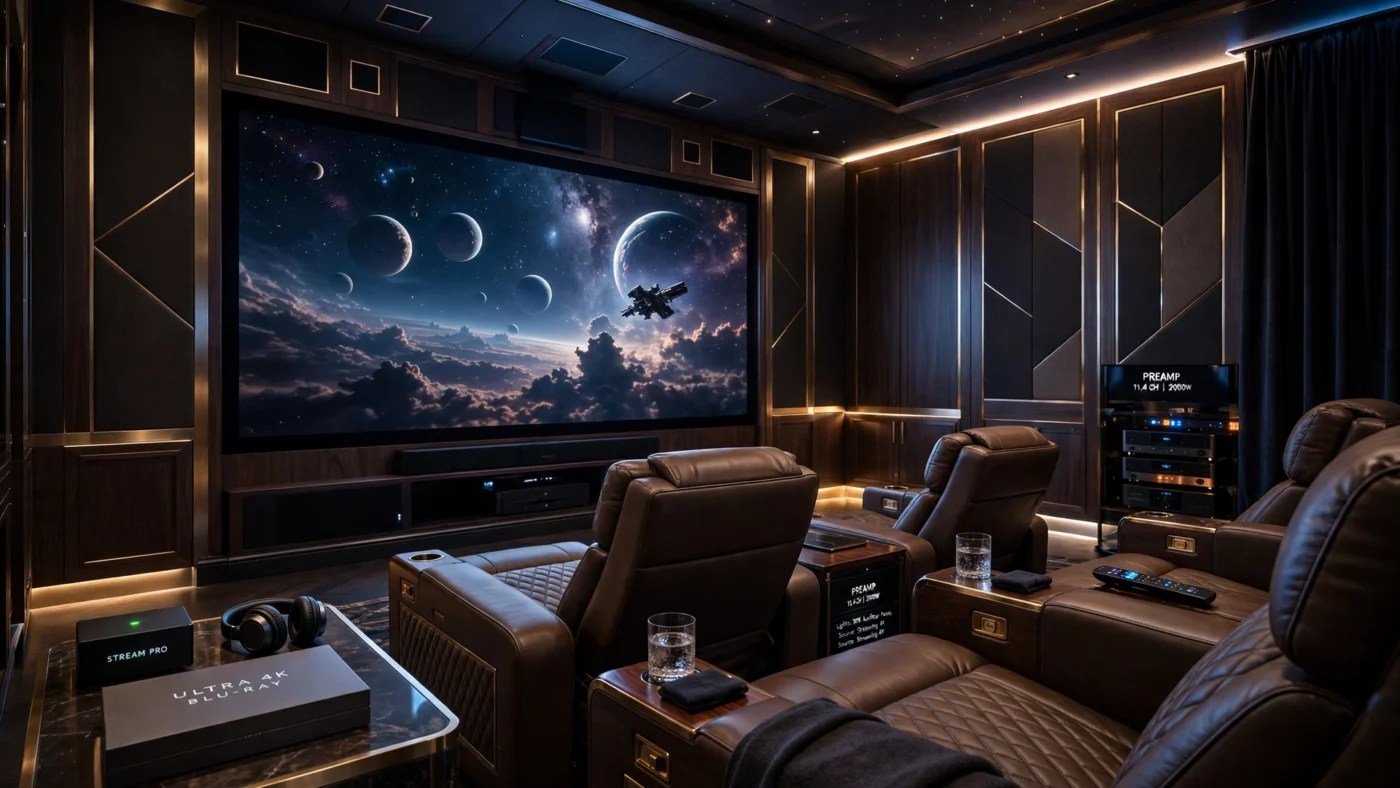 High-end home entertainment technology in a luxurious living space.