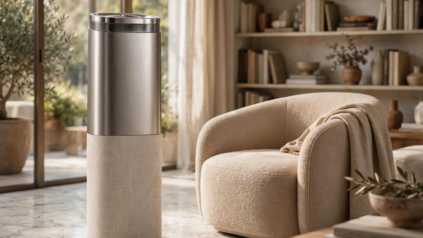 Sleek luxury air purifier with brushed metal and fabric finish in a sophisticated living room