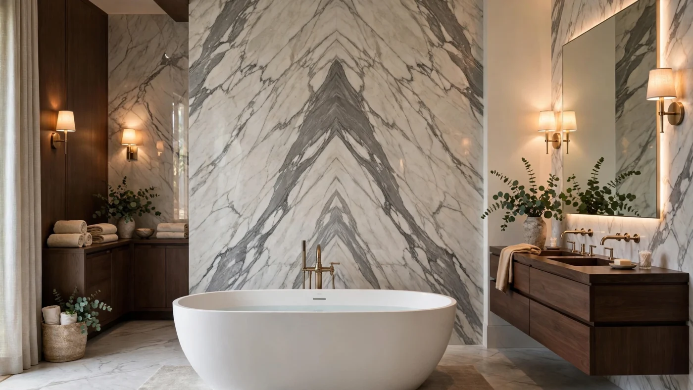 Luxury bathroom design ideas: spa-like master bathroom with freestanding soaking tub, book-matched marble walls and brass fixtures