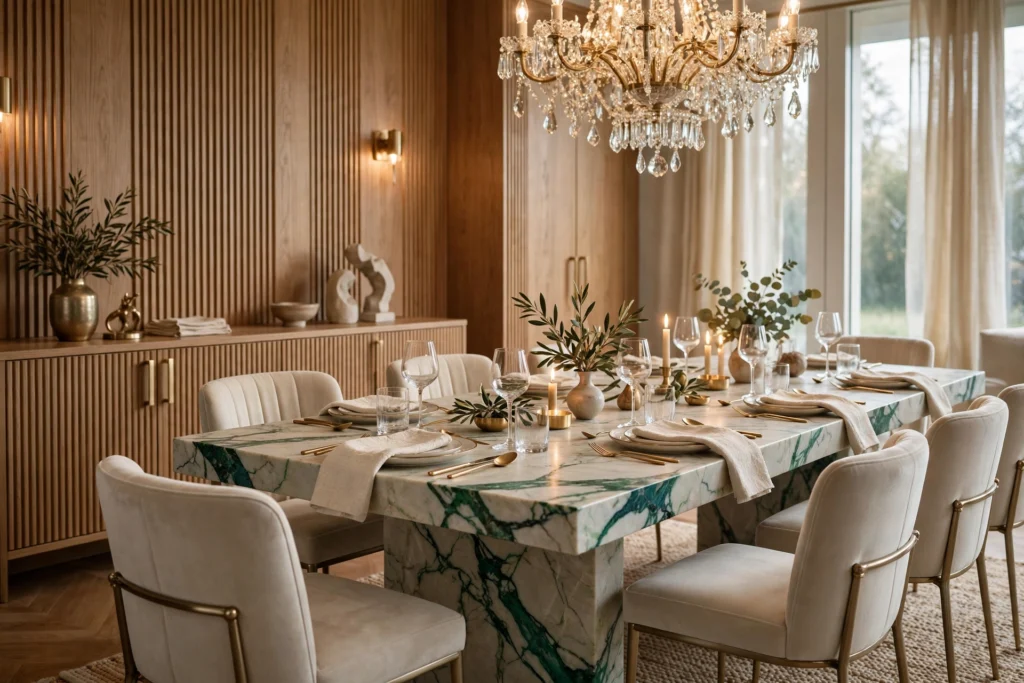 Luxury dining room design ideas featuring emerald-veined marble table, crystal chandelier, and cream velvet chairs