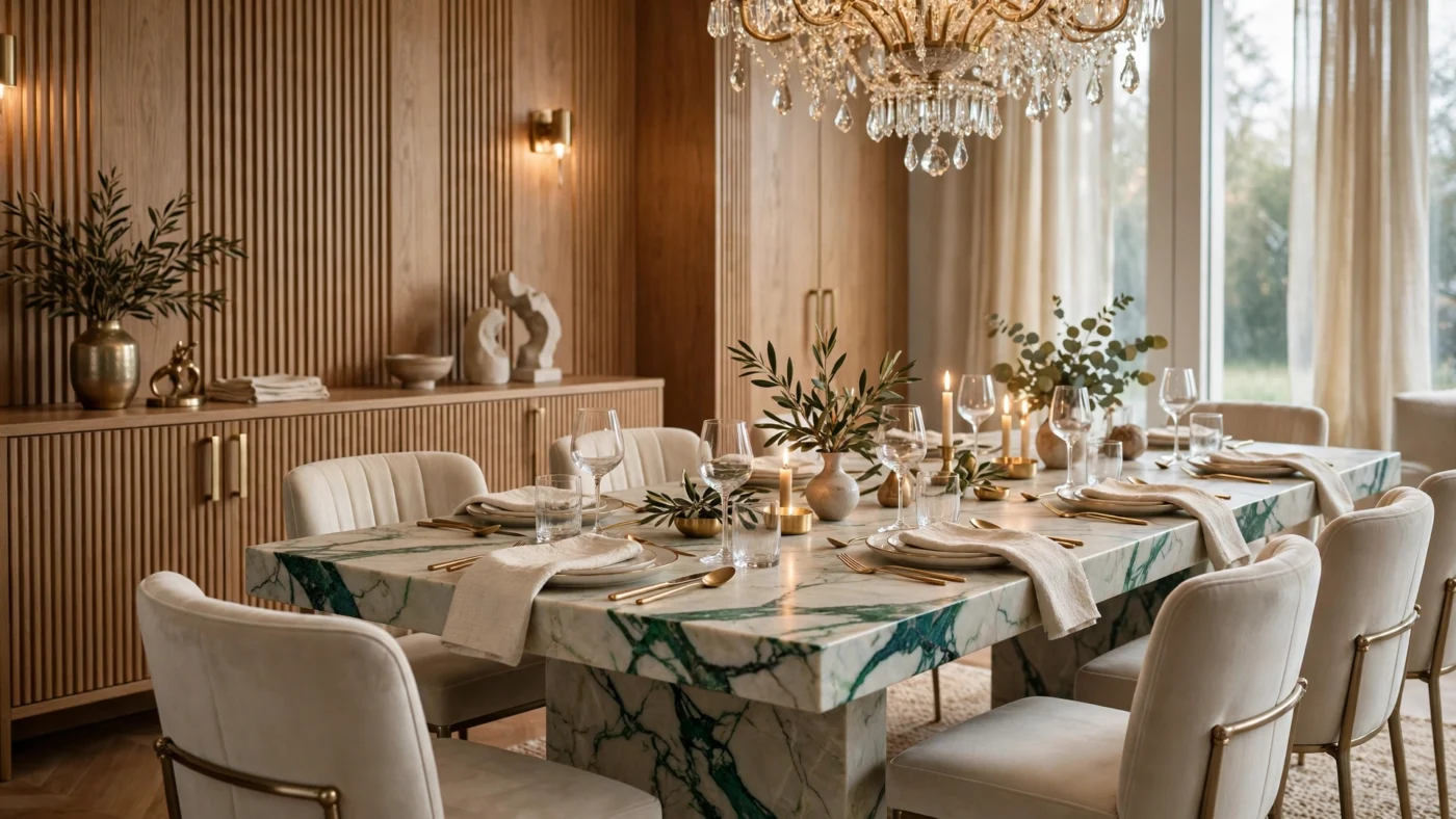Luxury dining room design ideas featuring emerald-veined marble table, crystal chandelier, and cream velvet chairs