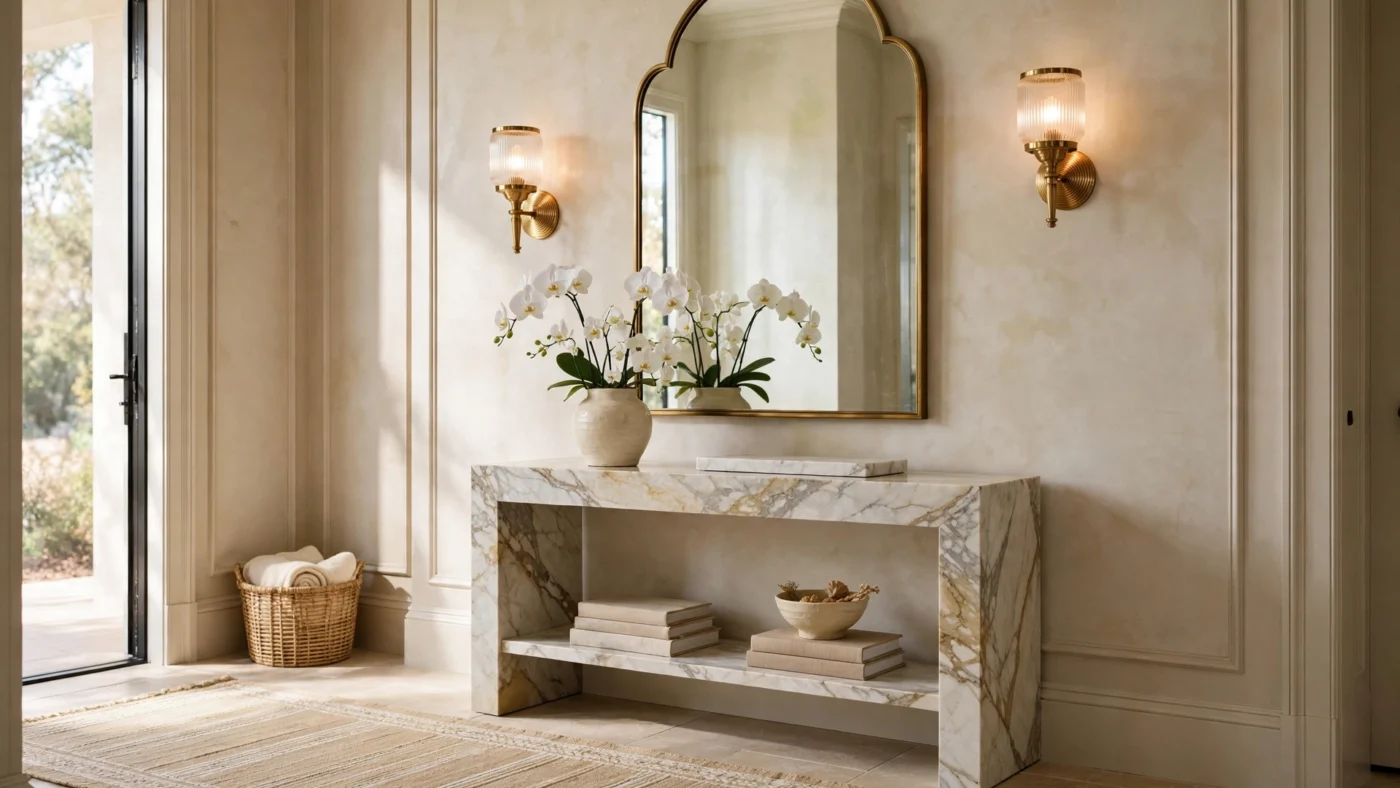 Luxury entryway decor ideas — elegant foyer with veined marble console table, arched brass mirror, wall sconces and wool runner