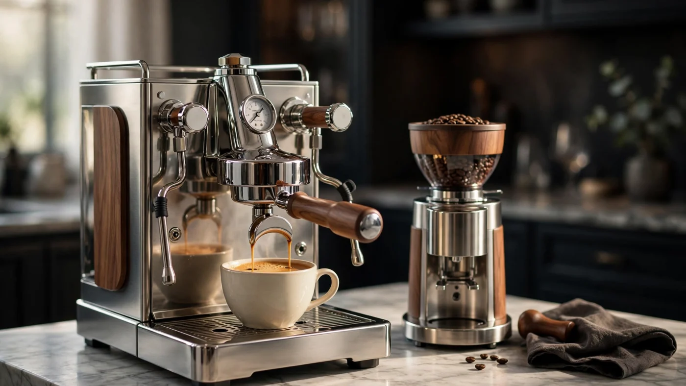 Luxury espresso machine in stainless steel with walnut wood accents beside a cup of espresso on a marble counter