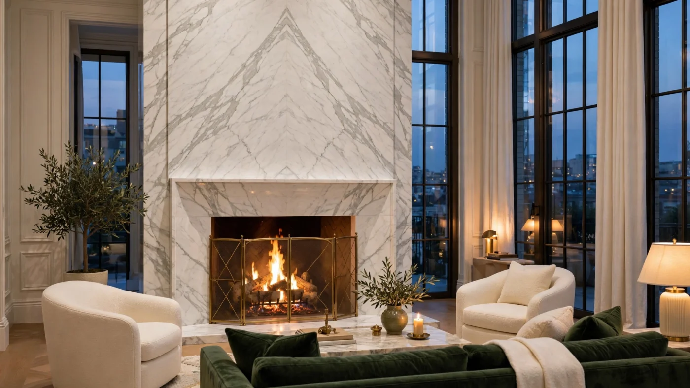 Luxury fireplace design ideas: elegant living room with floor-to-ceiling white marble fireplace and dancing flames at dusk