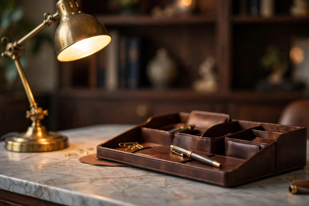 Brass desk lamp and leather accessories on a marble luxury office desk