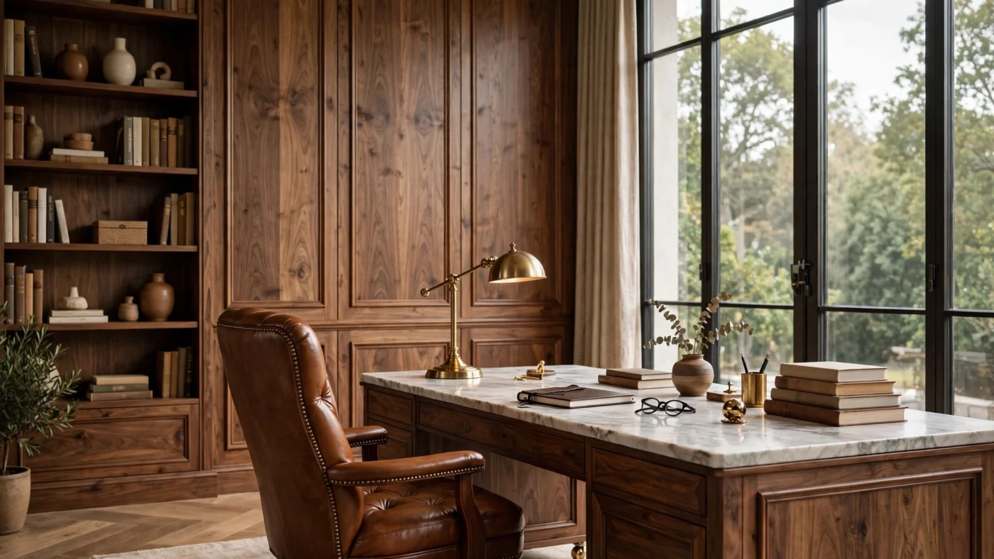 Luxury home office with walnut paneling, marble desk and leather executive chair