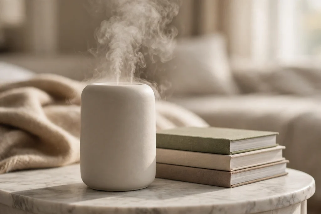 Sculptural ceramic luxury humidifier on marble nightstand in a bedroom