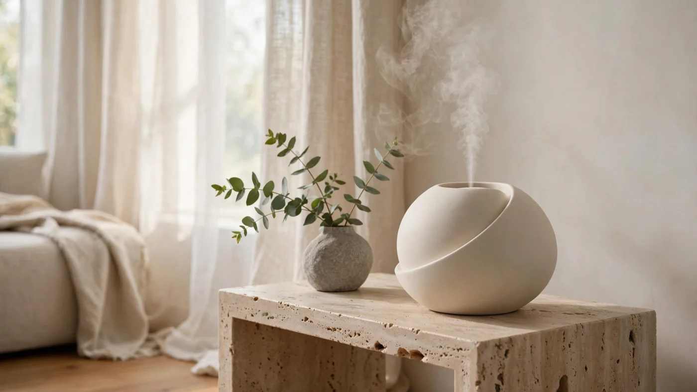 Sculptural ceramic luxury humidifier on travertine table