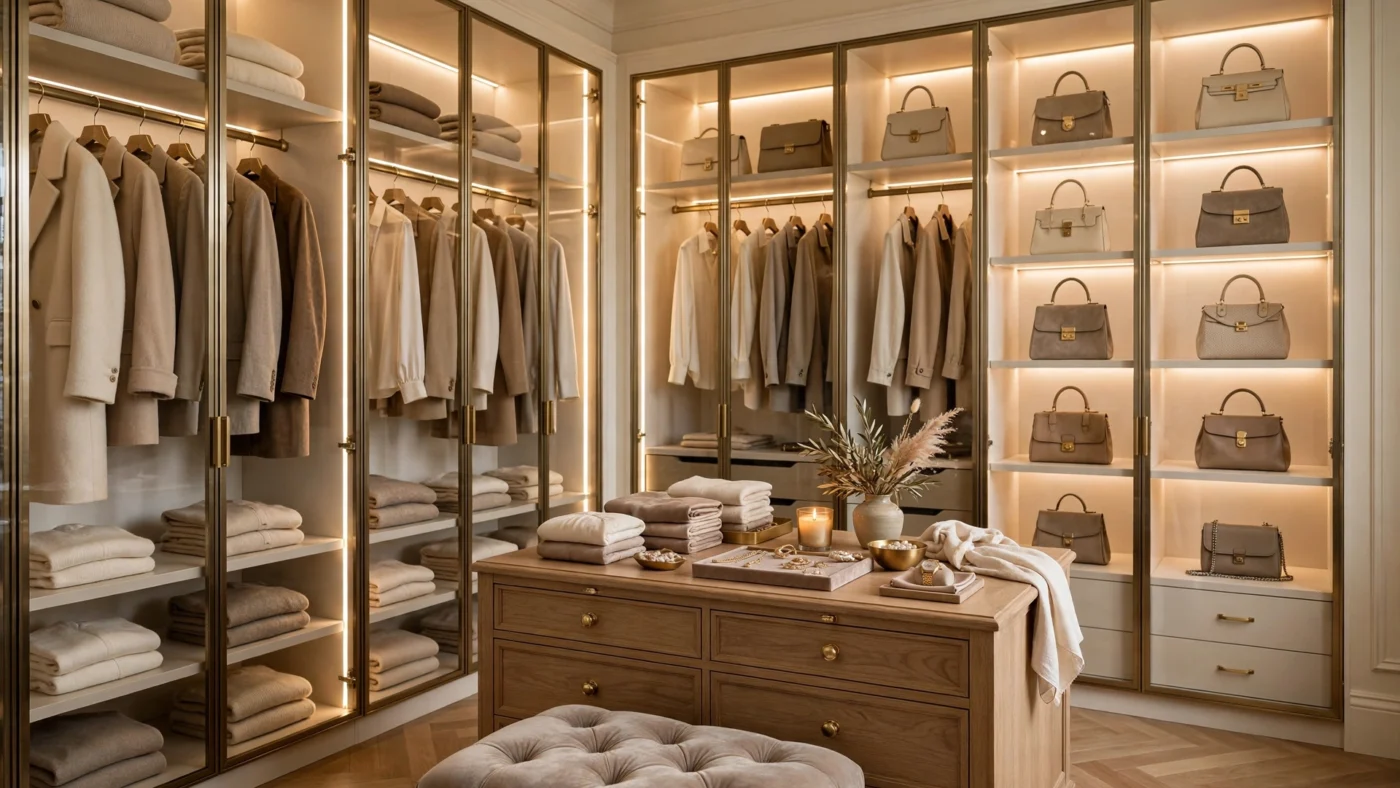 Luxury walk-in closet ideas — bespoke dressing room with glass-front wardrobes, center island dresser, crystal chandelier and velvet ottoman