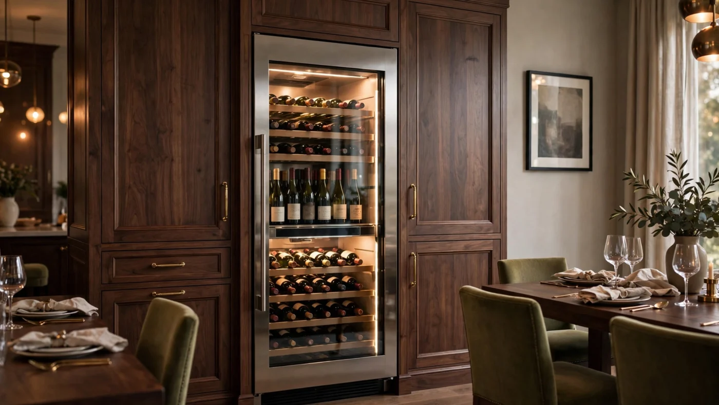 Built-in luxury wine fridge with glass door in an elegant dining room