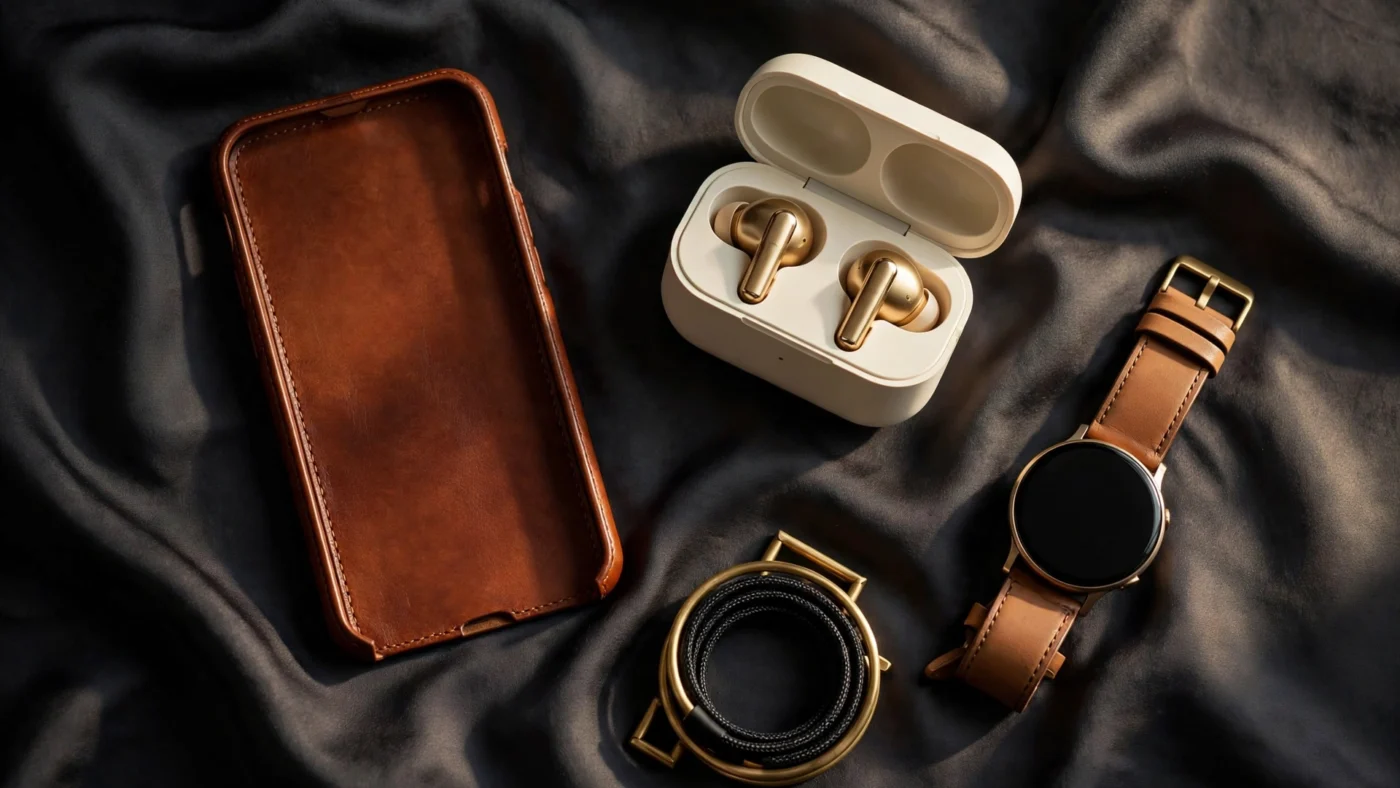 Flat-lay of designer tech accessories: leather phone case, gold wireless earbuds, smartwatch with leather band and brass cable organizer on dark silk