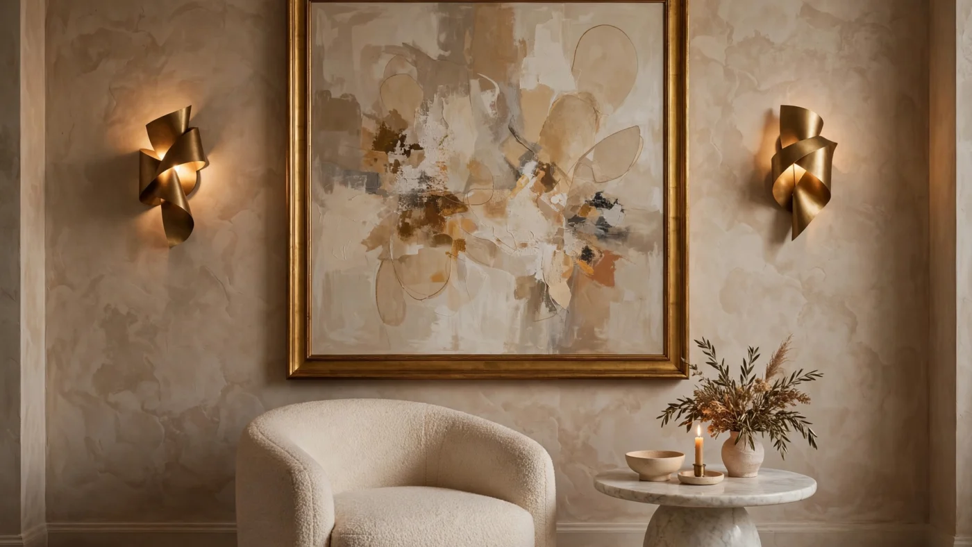 Elegant living room feature wall with gold-framed abstract art, sculptural brass sconces, boucle chair and marble side table