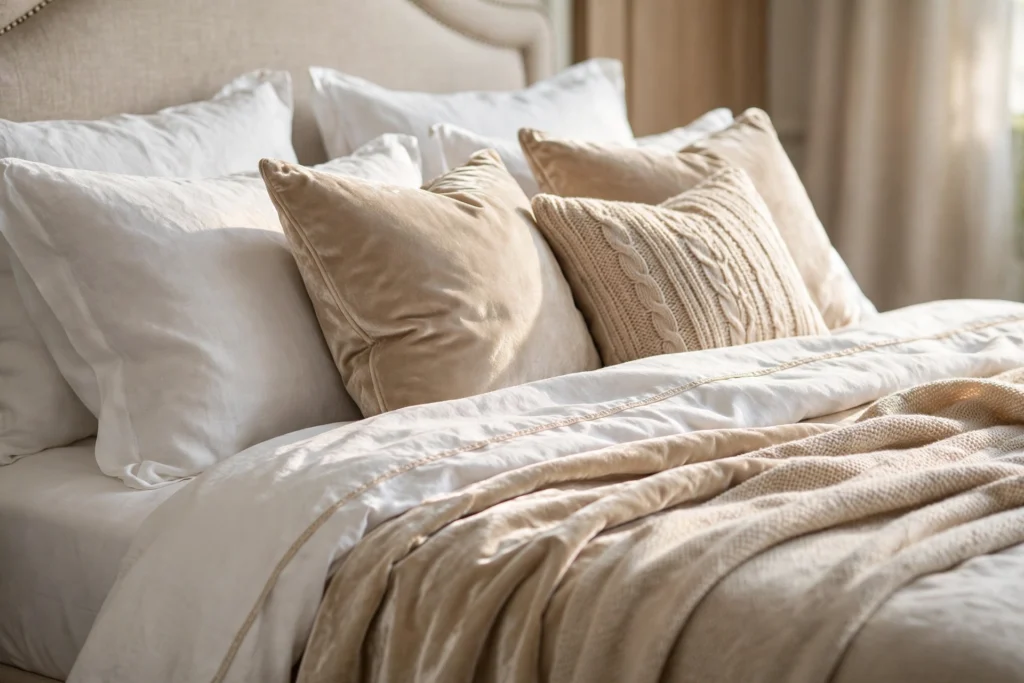 Designer bedroom ideas — layered white and champagne bedding with plush pillows in morning light