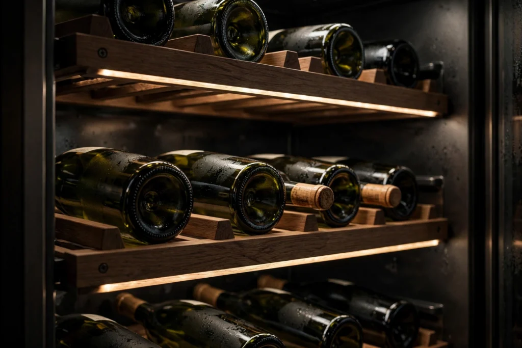Wine bottles stored horizontally on wooden racks inside a luxury wine fridge